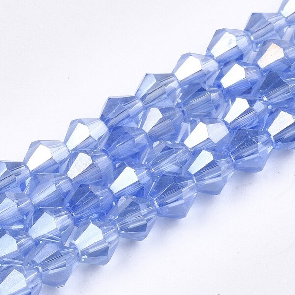 6mm Bicone Electroplated Glass Beads - AB Cornflower Blue - 105" Strand