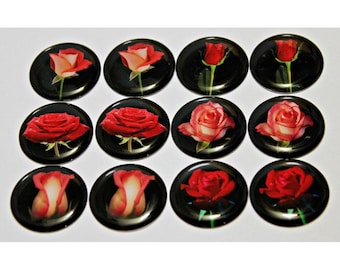 A Dozen Red Roses 12pcs One Inch Round Epoxy Cabochon Beading Focal Center