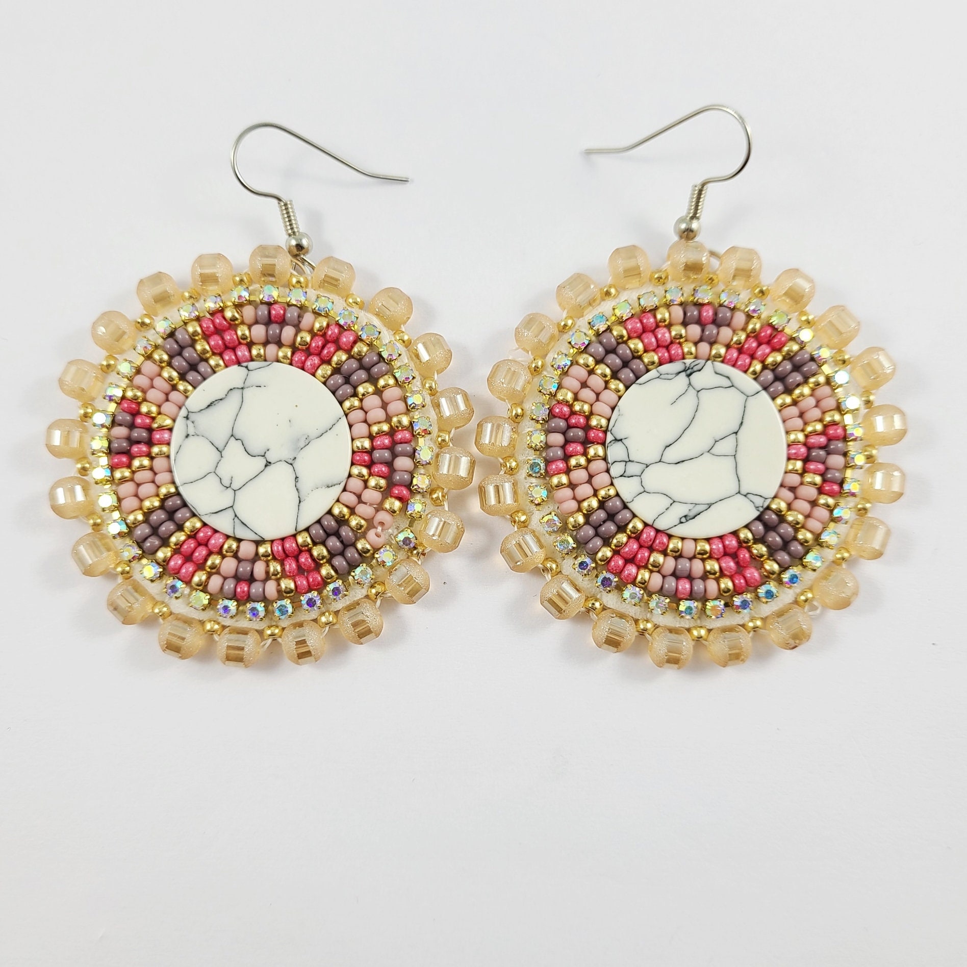 Cree Native Beaded Earrings Authentic Genuine Gold with Resin Gem Center