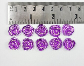 10pc Gold Metal Enlaced Resin Roses Cabochons, Flower 15mm Purple