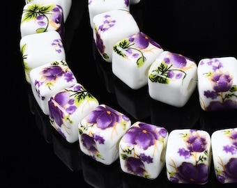 9mm Porcelain Cube Beads Medium Purple Violet Flower Pattern Square