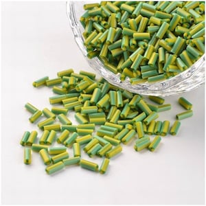 5mm Striped Glass Bugle Beads - Lawn Green / Yellow - 20grams