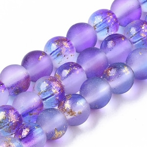 4mm Frosted Matte Transparent with Gold Foil Glass Beads 14&quot; Strand Blue/violet