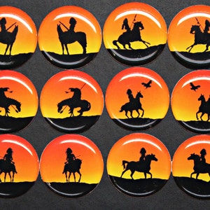May include: Twelve circular badges featuring a black silhouette of a Native American on horseback against a sunset. The sunset background transitions from orange to yellow. Each badge has a glossy finish and a black border. The image includes a rider and horse.