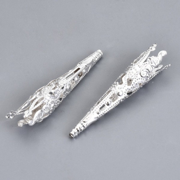 Embouts coniques en forme de fleur en filigrane, ton argent, 42 x 8 mm, 20 pièces