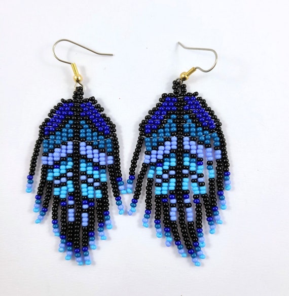 Cree Native Beaded Earrings Dangle Fringe Authentic Genuine Leaf Blue