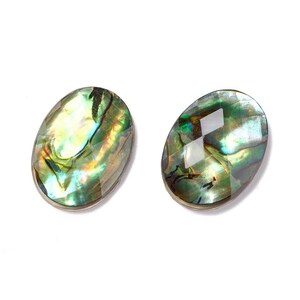May include: A pair of oval-shaped earrings with a green, blue, and iridescent abalone shell design.