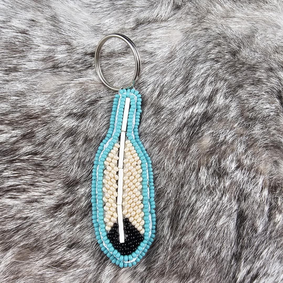 Native Key Chain Beaded Blue Feather Key Chain, Authentic Cree Native American Beadwork ...