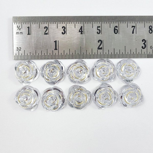 Gold Metal Enlaced Resin Roses Cabochons, Flower 15mm Clear 10pc