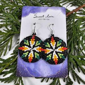 Indigenous Beaded Round Flower Earrings, black,, Authentic Native American Beadwork