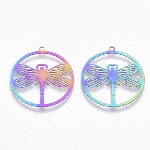 Dragonfly Design Ion Plating (IP) 201 Stainless Steel Filigree Pendants – Rainbow Color