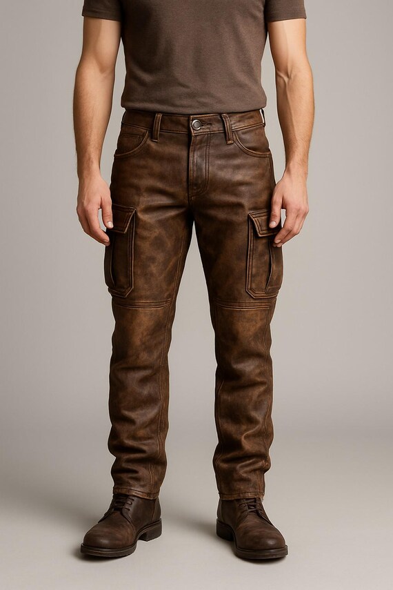 Men's Brown Distressed Sheepskin Leather Cargo Pant, Genuine Leather Motorcycle Pants