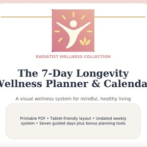 以下が含まれることがあります： ピンクと白のデザインの「The 7-Day Longevity Wellness Planner & Calendar」というタイトルのデジタルプランナー。画像には「RADIATIST WELLNESS COLLECTION」というテキストと、印刷可能なPDFなどのプランナーの機能に関する詳細が含まれています。