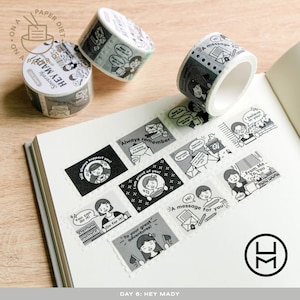May include: Three rolls of decorative washi tape with black and white illustrations and text. The tape features images of people, speech bubbles, and phrases like "A message for you!" and "Always remember." Also shown are several sticker-like images with similar designs.