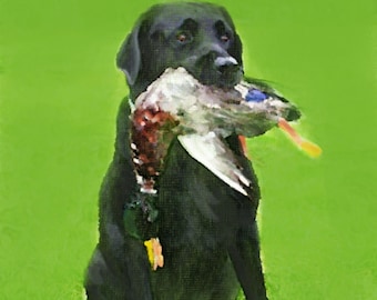 Impresión de pintura al óleo de perro de caza de pato labrador negro - Descarga digital de vida silvestre