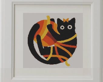 Black Cat Cross Stitch Pattern: Modern Kitten Embroidery (PDF Download)