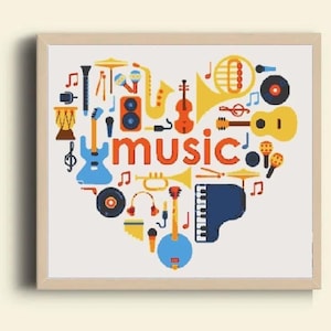 Music cross stitch pattern silhouette musical instruments, printable Music cross stitch music Sign cross stitch trumpet, guitar, notes, PDF