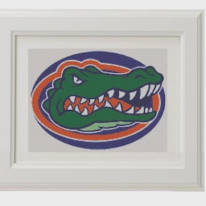 May include: Framed artwork featuring a green alligator head with white teeth, set against a blue and orange oval background. The artwork is framed in a white rectangular frame, suitable for wall decor.