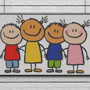 May include: A framed cross-stitch featuring four smiling cartoon figures holding hands. Each figure has a different colored outfit: red, yellow, blue, and pink. The figures have black outlines and are set against a white background.