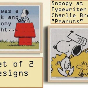 Puede incluir: Conjunto de dos diseños de punto de cruz enmarcados con Snoopy de Peanuts. Uno muestra a Snoopy en su máquina de escribir con el texto "It was a dark and stormy night...". El otro representa a Snoopy con una bolsa y Woodstock.