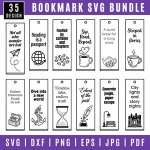 May include: A collection of 12 black and white bookmarks with various literary themes. Each bookmark features a unique design and quote, including phrases like "Reading is a passport" and "Sip, Read, Repeat." The image also includes file format options.