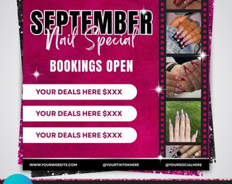 Redigerbar flygbladsmall för bokning av specialerbjudanden på naglar i september | Flyermall för erbjudanden på nagelteknik | Tidsbokningsflyer för Canva-nagelsalong