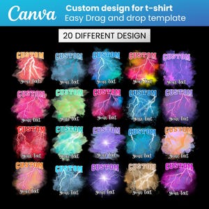 May include: A design template for t-shirts featuring 20 different designs with colorful cloud backgrounds and lightning bolts. Each design includes the word "CUSTOM" and space for personalized text. The Canva logo is visible.