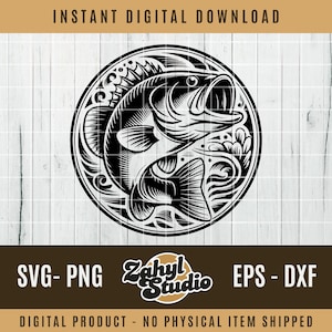 Design em couro trabalhado SVG para pesca de robalo • Arquivo PNG para gravação a laser de robalo-boca-grande • Arquivos de corte vetorial de peixe saltando para patches de boné