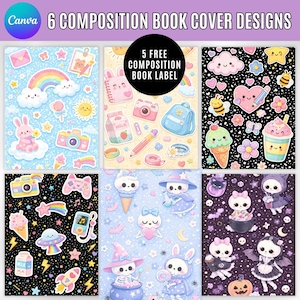 Puede incluir: Seis diseños de portadas de cuadernos de composición con ilustraciones coloridas y caprichosas. Los diseños incluyen conejitos, cámaras, arcoíris y otros gráficos lindos sobre varios fondos. El texto "6 COMPOSITION BOOK COVER DESIGNS" está en la parte superior.