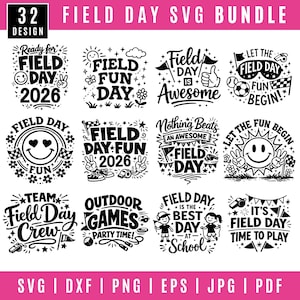 Può includere: Una collezione di 32 design SVG per il Field Day in bianco e nero. I design includono frasi come "Field Day Fun", "Outdoor Games" e "Time to Play", insieme a grafiche correlate. I formati dei file sono elencati in basso.