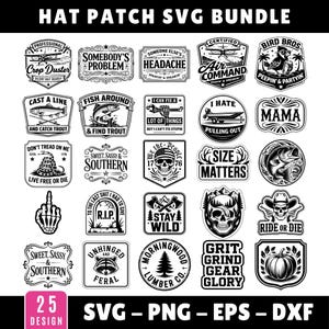 Op de afbeelding: Een verzameling van 25 zwart-witte hoedpatchontwerpen. De patches bevatten verschillende thema's, waaronder luchtvaart, vissen en humoristische zinnen. De ontwerpen zijn beschikbaar in SVG-, PNG-, EPS- en DXF-formaten.