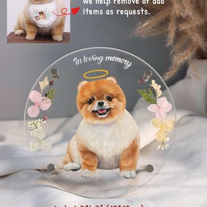 Könnte beinhalten: Transparente, kreisförmige Gedenktafel mit einer Illustration eines Zwergspitzes mit Heiligenschein, umgeben von Blumen. Der Text "In loving memory" steht über dem Hund. Die Tafel misst 12cm x 12cm. Das Bild enthält auch ein kleineres Foto des Hundes.