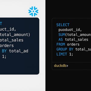 May include: An image with two code snippets. The left snippet is on a light background and the right snippet is on a dark background. Both snippets display SQL queries with SELECT statements, including product IDs, total amounts, and sales figures. The text "duckdb>" is at the bottom of the right snippet.