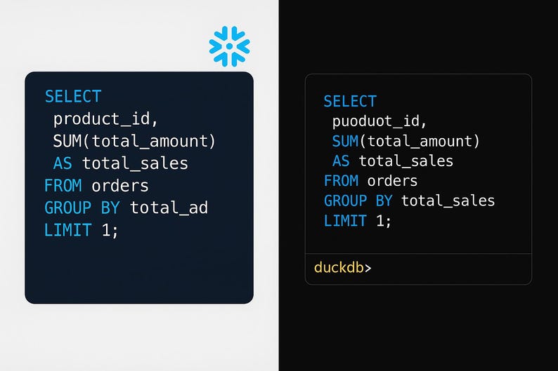 May include: An image with two code snippets. The left snippet is on a light background and the right snippet is on a dark background. Both snippets display SQL queries with SELECT statements, including product IDs, total amounts, and sales figures. The text "duckdb>" is at the bottom of the right snippet.