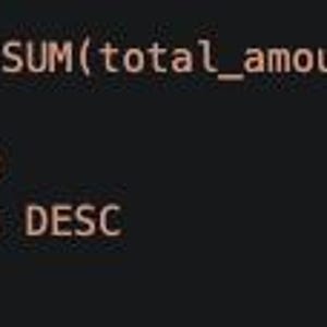 May include: Code snippet on a dark background. The text reads: SELECT customer_id, SUM(total_amount) AS total_sales FROM orders GROUP BY customer_id ORDER BY total_sales DESC LIMIT 5. This is likely a SQL query.