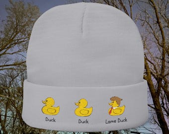 Embroidered Duck Duck Lame Duck Knit Beanie
