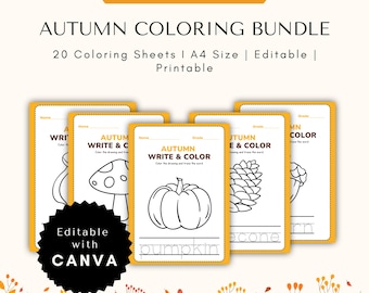 Editable Fall Coloring & Tracing Worksheets Bundle Printable Autumn Coloring Activities Canva Template for Kids