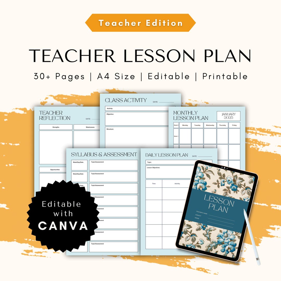 Editable Blue Floral Lesson Plan Template Teacher Planner (canva & PDF ...