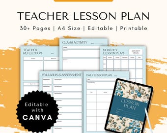 Editable Blue Floral Lesson Plan Template Teacher Planner (Canva & PDF)