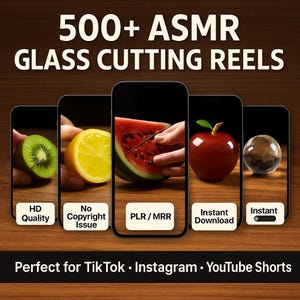 ASMR Glass Cutting Video Reels: 500+ AI Clips, PLR License (Digital Download