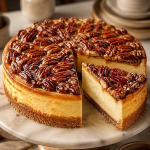 Puede incluir: Una tarta de queso redonda cubierta con una gruesa capa de nueces pecán glaseadas. El pastel tiene un relleno suave de color amarillo pálido y una base dorada. Se ha retirado una porción triangular, revelando la textura densa y cremosa.