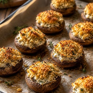 May include: A tray of baked stuffed mushrooms, each featuring a brown mushroom cap filled with a creamy white cheese mixture and topped with a golden-brown, crispy breadcrumb crust, garnished with small green herbs on the parchment paper.