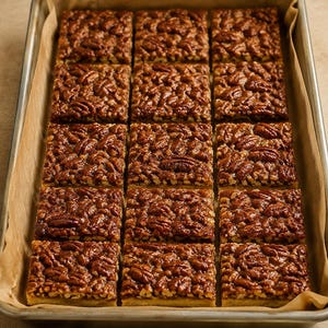 Puede incluir: Una bandeja de horno rectangular de metal forrada con papel de horno, que contiene quince barras de nuez pecana cortadas en cuadrados y dispuestas en cuadrícula. Cada barra tiene una base dorada y una capa brillante de nueces.