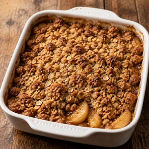 Op de afbeelding: Een rechthoekige witte keramische ovenschaal gevuld met een gebakken appelkruimeldessert. De schaal bevat gekookte appelschijfjes bedekt met een goudbruin, getextureerd kruimelmengsel van havermout, met een gedeeltelijk opgeschept deel.