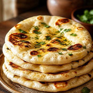 May include: A stack of four round, golden-brown naan flatbreads topped with melted butter and fresh green coriander leaves. The bread features charred spots from the cooking process and a soft, slightly bubbly texture on the surface.