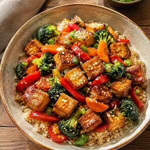 Op de afbeelding: Een kom met roergebakken tofublokjes met broccoliroosjes, gesneden worteltjes en rode paprikareepjes geserveerd op een bedje van zilvervliesrijst. Het gerecht is gegarneerd met wit sesamzaad en gesnipperde bosui in een gespikkelde kom.