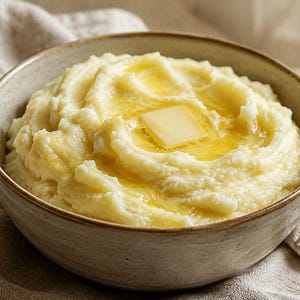 Puede incluir: Un cuenco de cerámica lleno de puré de patatas cremoso, con un trozo cuadrado de mantequilla amarilla derritiéndose en el centro, creando un charco de mantequilla dorada derretida sobre la superficie texturizada de color blanco roto.