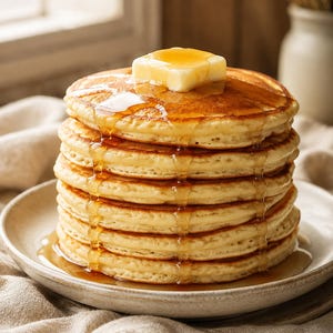 Könnte beinhalten: Ein hoher Stapel aus sechs goldbraunen Pfannkuchen auf einem Keramikteller. Der oberste Pfannkuchen ist mit einem quadratischen Stück gelber Butter belegt, und bernsteinfarbener Sirup fließt über die Butter und die Seiten des Stapels.