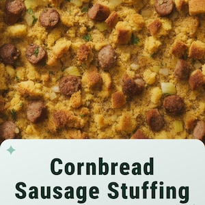 May include: A close-up shot of cornbread sausage stuffing. The dish features golden-brown cornbread cubes, interspersed with sliced sausage and bits of celery. The text "Cornbread Sausage Stuffing" is displayed on a white label.