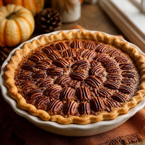 May include: A round pecan pie in a white ceramic dish with a crimped crust edge. The top of the pie is covered in a dense, circular arrangement of whole brown pecan halves embedded in a golden-brown, glossy, caramelised sugar filling.